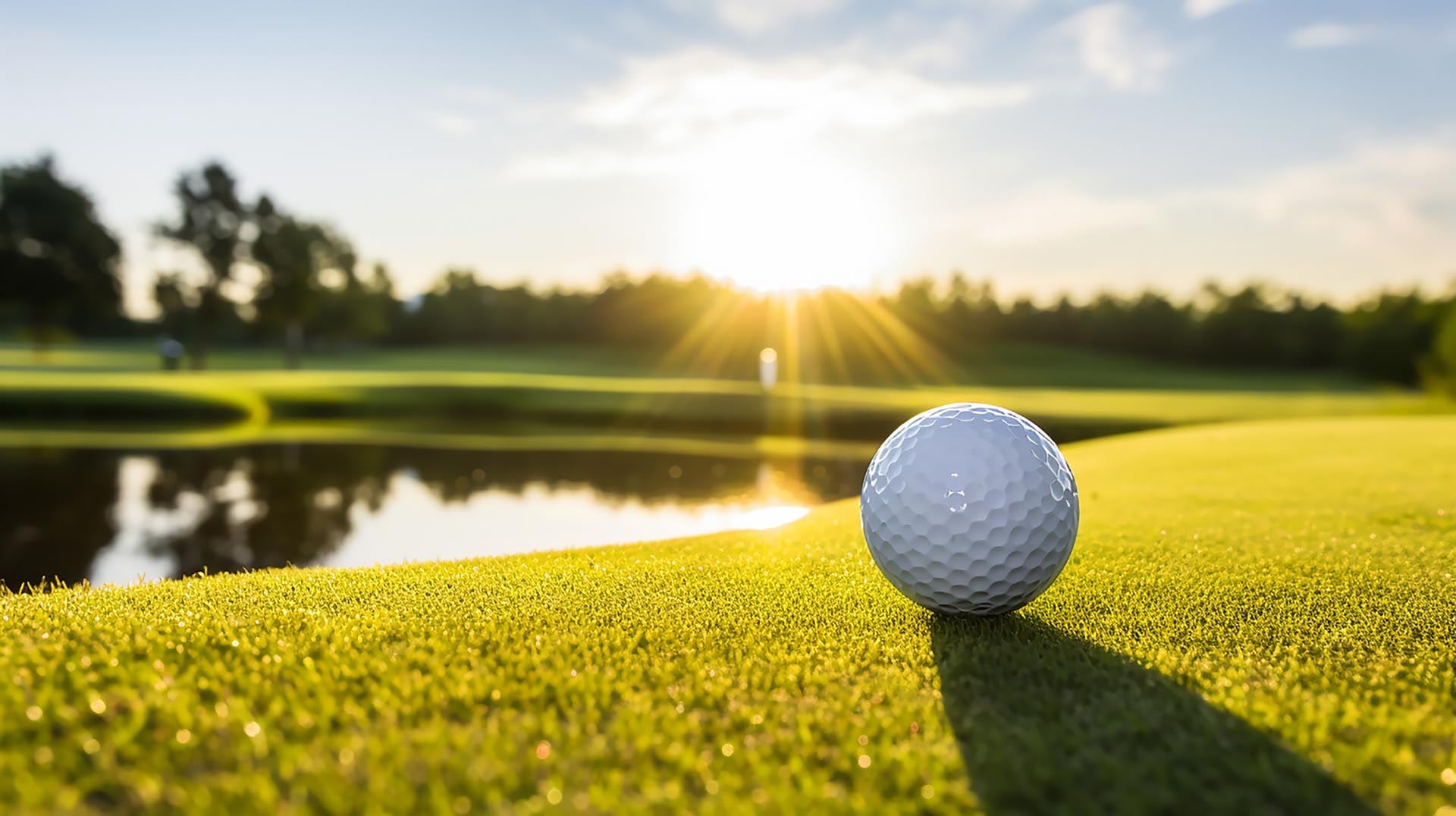 golf ball on golf course with sun in background