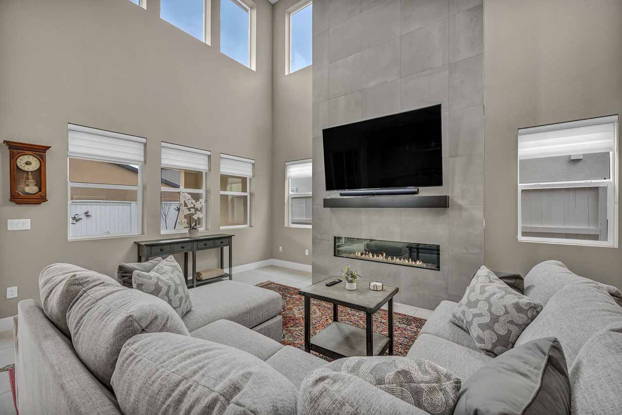 modern living room tv fireplace couch